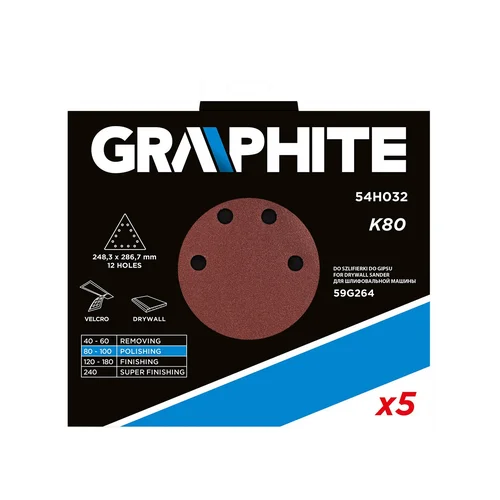 GRAPHITE Velcro šlifavimo popierius K80 trikampis, 5vnt, 12 skylių, 59G264 image 2