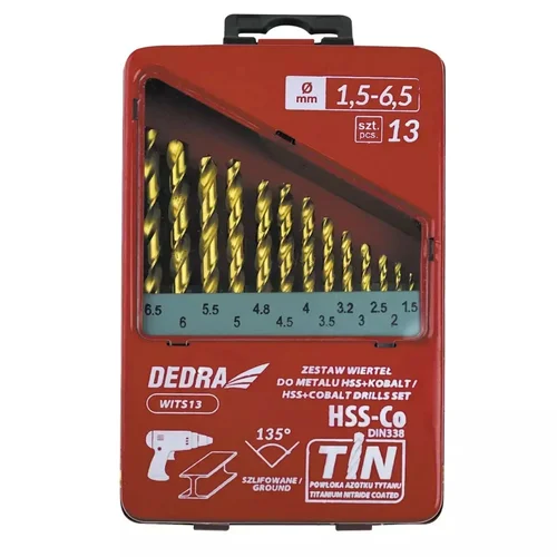Metalo grąžtų komplektas DEDRA WITS13 HSS+kobalt+TiN 135°, 13 vnt image 1