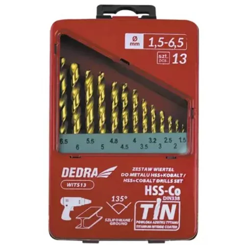 Metalo grąžtų komplektas DEDRA WITS13 HSS+kobalt+TiN 135°, 13 vnt image 2