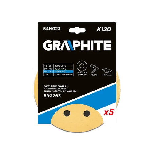 GRAPHITE 180 mm K120 šlifuokliui popierius 5 vnt. 8 skylutėmis image 2