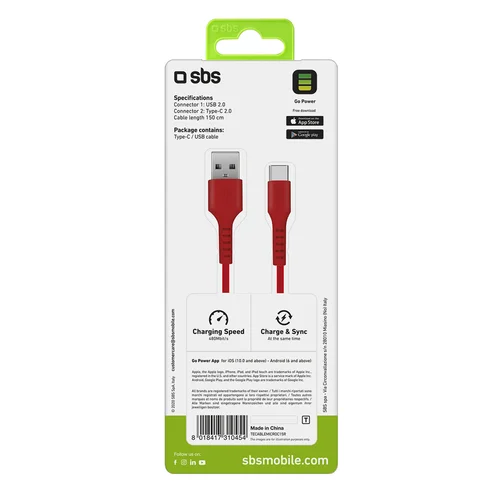 SBS TECABLEMICROC15R USB-A–USB-C laidas, 1,5 m, raudonas image 3