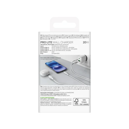 Puro PROLITE 20 W USB-A/USB-C sieninis įkroviklis, baltas image 3