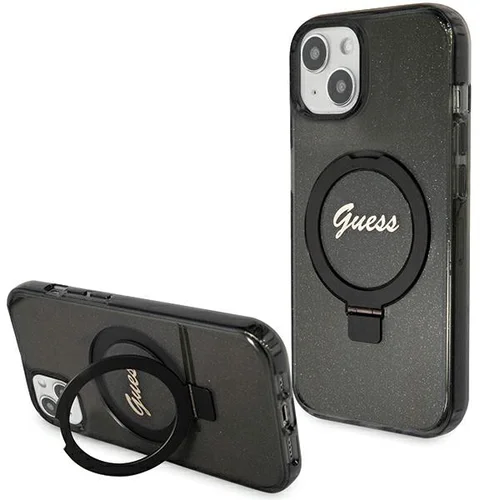 Guess Script Glitter MagSafe dėklas su žiedu, iPhone 15 Plus / 14 Plus, juodas image 1