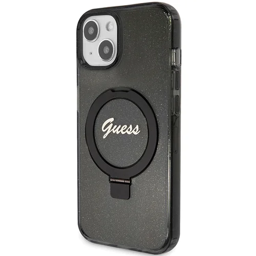 Guess Script Glitter MagSafe dėklas su žiedu, iPhone 15 Plus / 14 Plus, juodas image 2