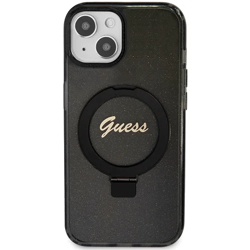 Guess Script Glitter MagSafe dėklas su žiedu, iPhone 15 Plus / 14 Plus, juodas image 3