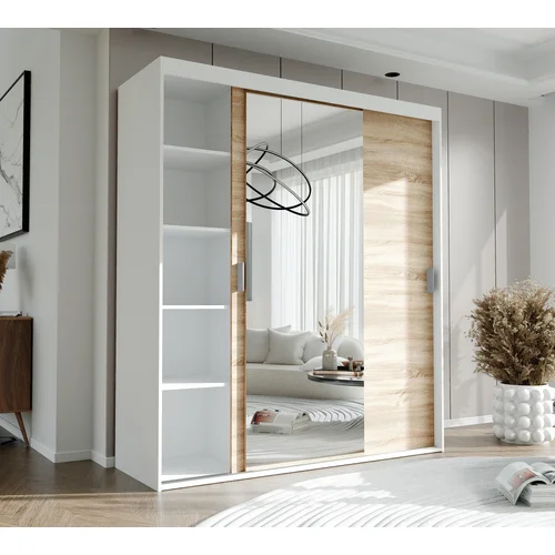 STILO 180 cm trijų durų stumdomoji spinta su veidrodžiu, balta / sonoma ąžuolas image 2