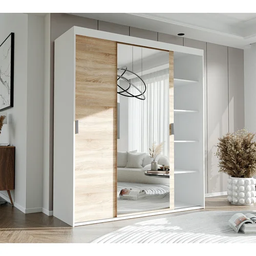 STILO 180 cm trijų durų stumdomoji spinta su veidrodžiu, balta / sonoma ąžuolas image 3