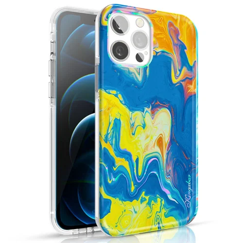 Kingxbar Akvarelinės serijos dėklas iPhone 12/12 Pro, geltonai mėlynas image 1