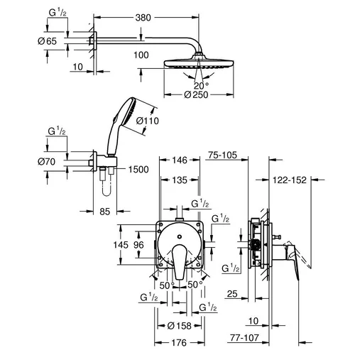 Grohe BauEdge potinkinė dušo sistema Tempesta 250 (9,5 l/min) image 2
