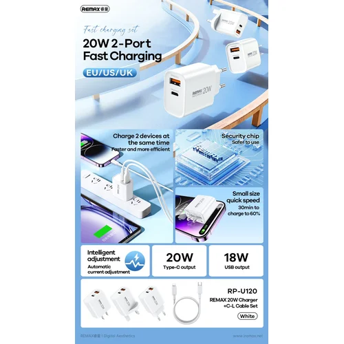 Remax RP-U120 20W įkroviklis USB-C/USB-A ir Lightning kabelis image 3