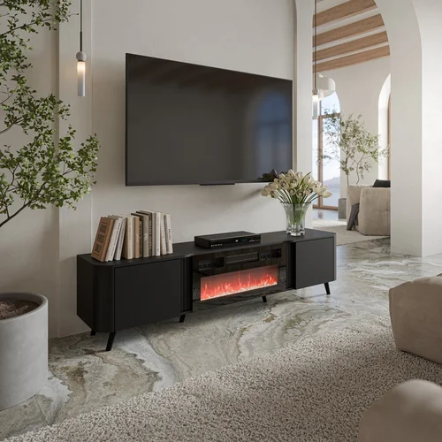 Cama Volare TV spintelė 200 × 39 × 49 cm, juoda, su židiniu image 2