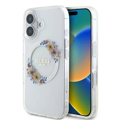 Guess IML Gėlių vainikas MagSafe dėklas iPhone 16 Plus, skaidrus image 1