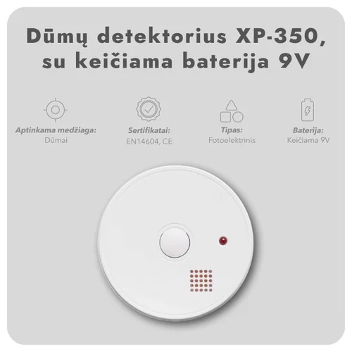 Dūmų detektorius XP-350, su keičiama baterija 9V image 2