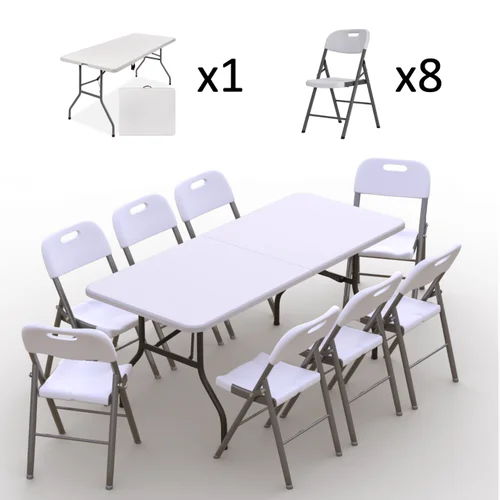 Sulankstomų baldų komplektas: Stalas 180x74 cm, 8 kėdės Premium baltos image 2