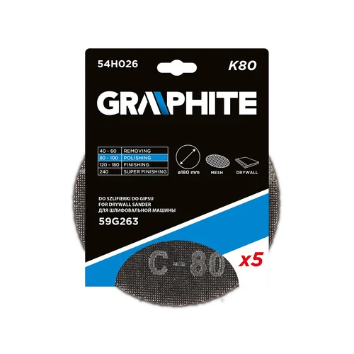 GRAPHITE 59G263 Gipso šlifavimo grotelės 180 mm K80 5vnt image 2