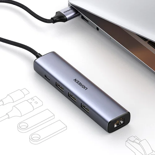 Ugreen CM475 USB 3.0 šakotuvas su Ethernet, pilkas image 2
