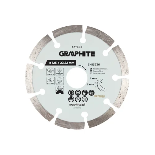 GRAPHITE Deimantinis segmentinis pjovimo diskas, 125 x 22,2 mm, sausam ir šlapiam pjovimui image 1