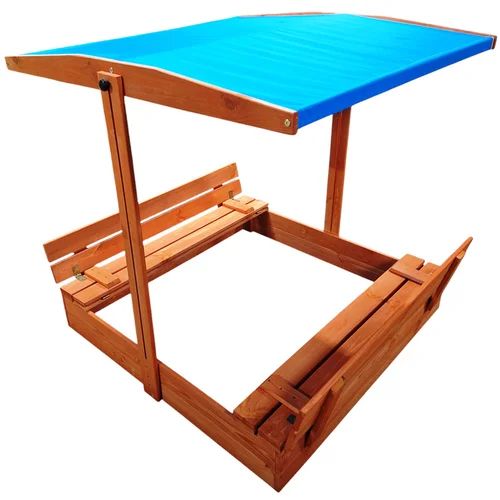 Medinė smėlio dėžė SP0837 120 × 120 cm su stogu ir suolais image 1