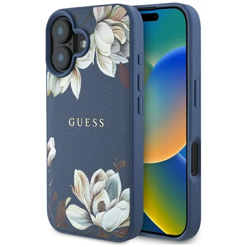 Guess Grūdintas Gėlių Raštas MagSafe dėklas iPhone 16, mėlynas image 1