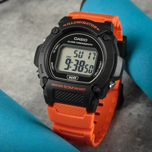 Casio W-219H-4A vyriškas laikrodis, oranžinis dirželis image 2