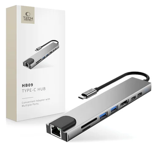 Tech-Protect HB09 8-in-1 USB-C šakotuvas, pilkas image 1