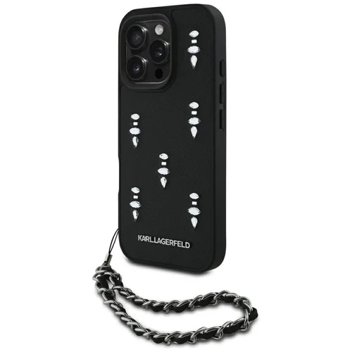 Karl Lagerfeld Saffiano Kristalų dėklas su grandinėle iPhone 16 Pro, juodas image 1
