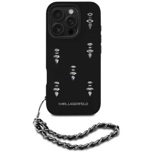 Karl Lagerfeld Saffiano Kristalų dėklas su grandinėle iPhone 16 Pro, juodas image 2