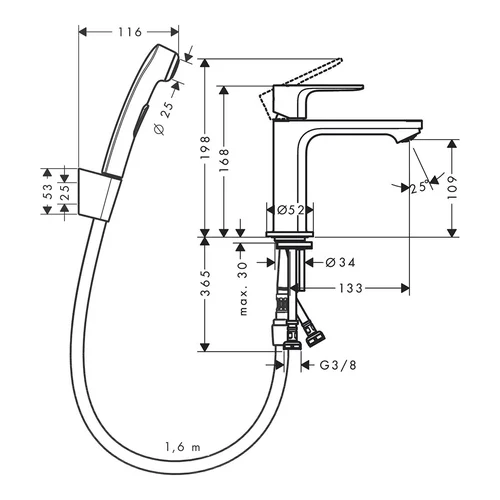 Hansgrohe REBRIS S 110 praustuvo maišytuvas su bidė dušeliu image 2
