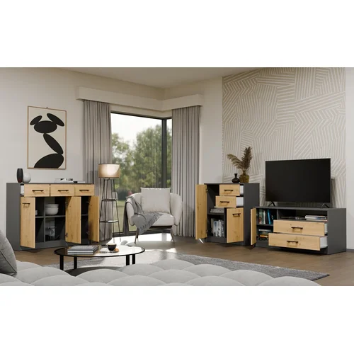 SIMPLO 2D2S komoda, 74 × 35 × 85 cm, antracito ir artisan ąžuolo image 2