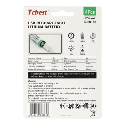 TCBEST AA (R6) baterijos 2713 mAh, USB-C, 4 vnt. image 2