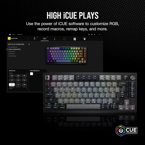 Corsair K65 PLUS EN belaidė klaviatūra, Juoda/Pilka image 3