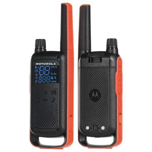 Motorola T82 dviejų radijo imtuvų rinkinys, 16 kanalų, juodos ir oranžinės spalvos image 1