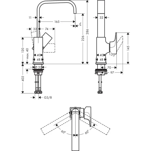 Hansgrohe Metropol 32511000 praustuvo maišytuvas su dugno vožtuvu image 2