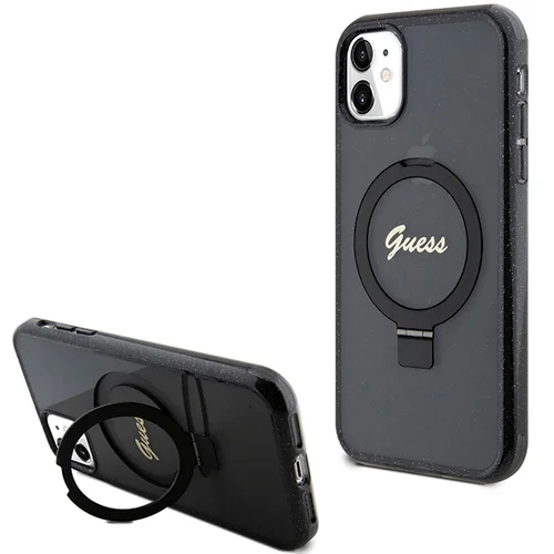 Guess Script Glitter MagSafe dėklas su žiediniu stovu, iPhone 11/XR, juodas image 1