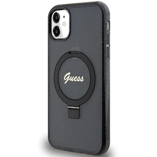 Guess Script Glitter MagSafe dėklas su žiediniu stovu, iPhone 11/XR, juodas image 2