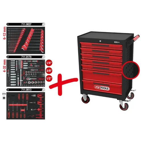 KS Tools ECOline Įrankių vežimėlis, 7 stalčiai, 215 vnt įrankių image 1