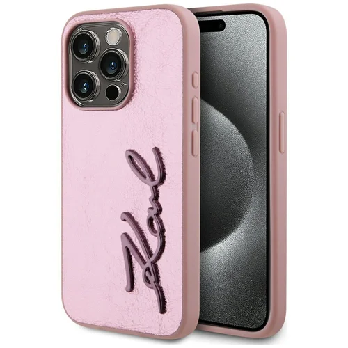 Karl Lagerfeld Susiraukšlėjusio metalo Signature dėklas iPhone 15 Pro Max, rožinis image 1