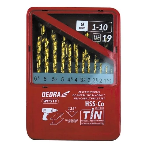 Metalo grąžtų komplektas DEDRA WITS19 HSS+kobalt+TiN, 135°, 19vnt image 1