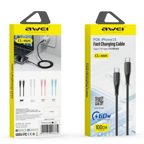 Awei CL-182C USB-C to USB-C 1.0m juodas image 2