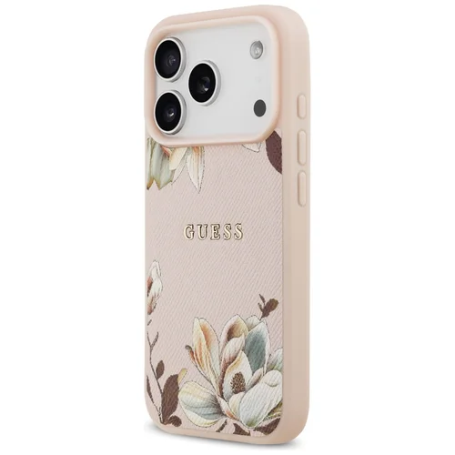 Guess Grained Flowers Classic Logo MagSafe dėklas iPhone 17 Pro Max, rožinis image 1