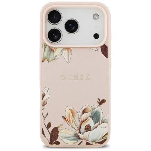 Guess Grained Flowers Classic Logo MagSafe dėklas iPhone 17 Pro Max, rožinis image 2