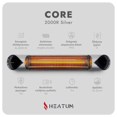 Pastatomas Heatum H2000R CORE SILVER infraraudonųjų šildytuvas su trikoju stovu image 3