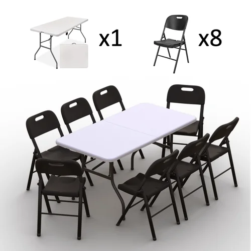 Sulankstomų baldų komplektas: stalas 150x70 cm baltas, 8 kėdės juodos image 2