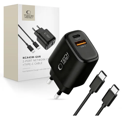 Tech-Protect NCA45W-GAN 45 W 2 prievadų sieninis įkroviklis su USB-C kabeliu, juodas image 1
