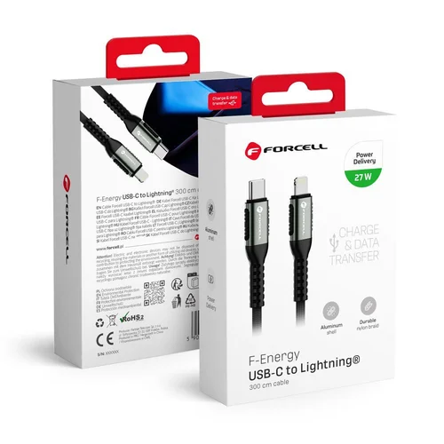 FORCELL F-ENERGY C259 Cafule USB-C–Lightning kabelis 3 m, juodas image 1