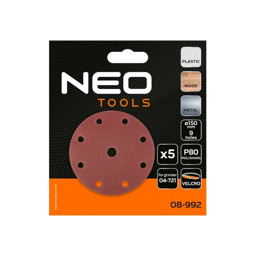 NEO TOOLS Abrazyviniai diskai 150 mm P80 5 vnt su 9 skylėmis 04-721 image 2
