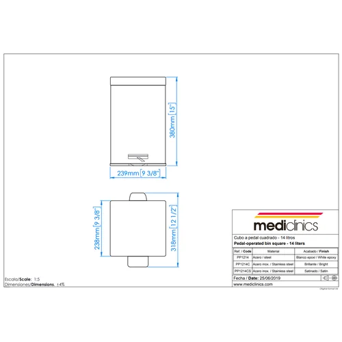 MEDICLINICS PP1214CS Kvadratinė Šiukšlių Dėžė Su Pedalu, 12 L, Satinas image 2