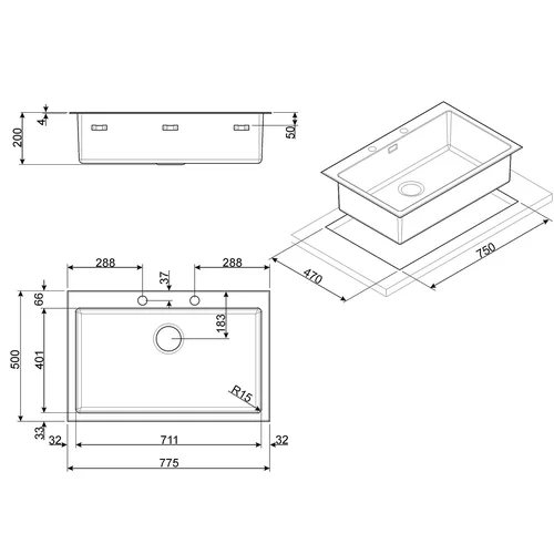 Smeg VQR71RS virtuvės plautuvė (metalinė, 1 dubuo, 200x775x500 mm) image 3