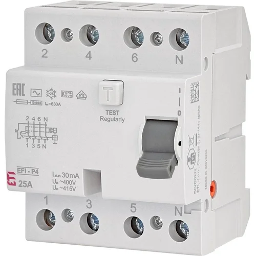 ETI EFI-P4 Nuotėkio relė 3P+N, 25A, 10kA, 30mA AC image 1