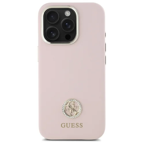 Guess Silikoninis Logotipas Strass 4G dėklas iPhone 16 Pro, šviesiai rožinis image 3